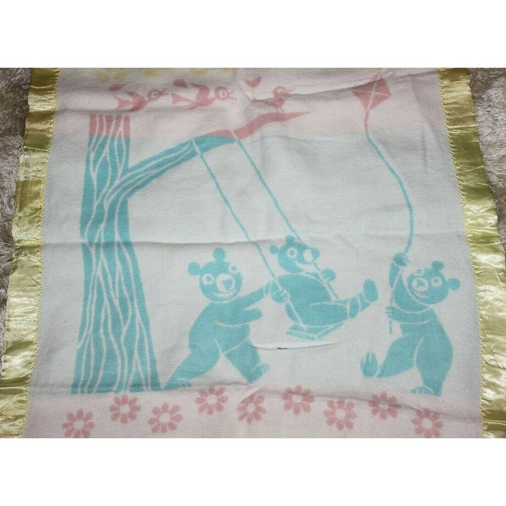 Vintage Baby Crib Blanket Yellow Teddy Bears On A Swing Satin Edge 35x43" Fleece